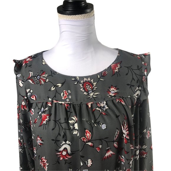 Loft Dark Gray Red Black Floral Long Sleeve Blouse with Ruffles size Medium - Picture 4 of 8